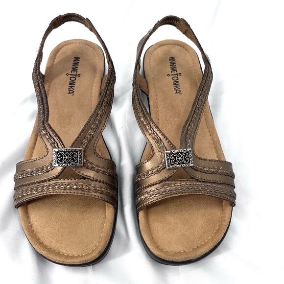 Minnetonka Galina Metallic Bronze Leather Slingback Sandals Womens 8 - Picture 3 of 6